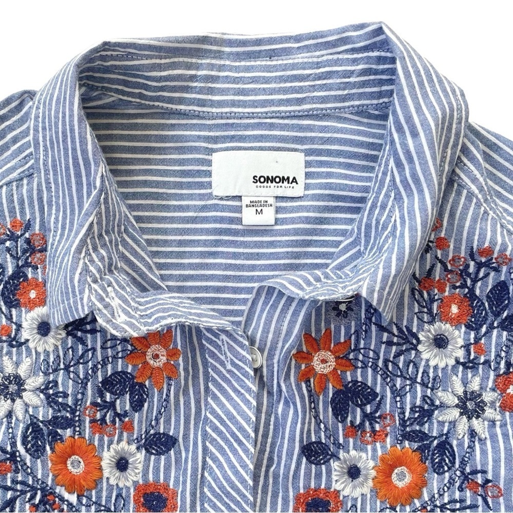 Sonoma Blue & White Striped Shirt, Flower Embroidery, Long Sleeve, Sz Medium - Picture 6 of 6